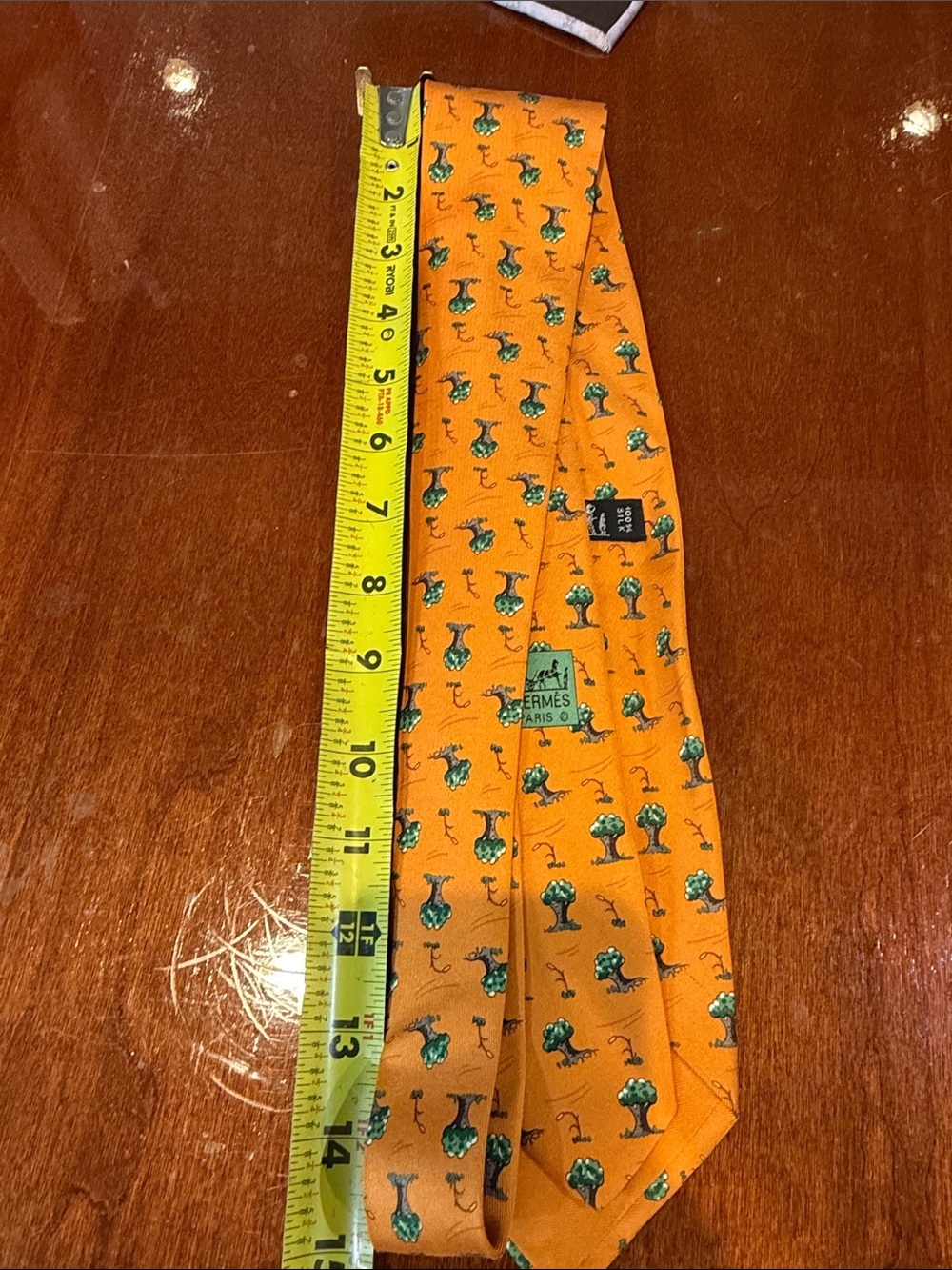 Vintage Hermes Orange Silk Tie with green Tree Motif - Picture 5 of 6